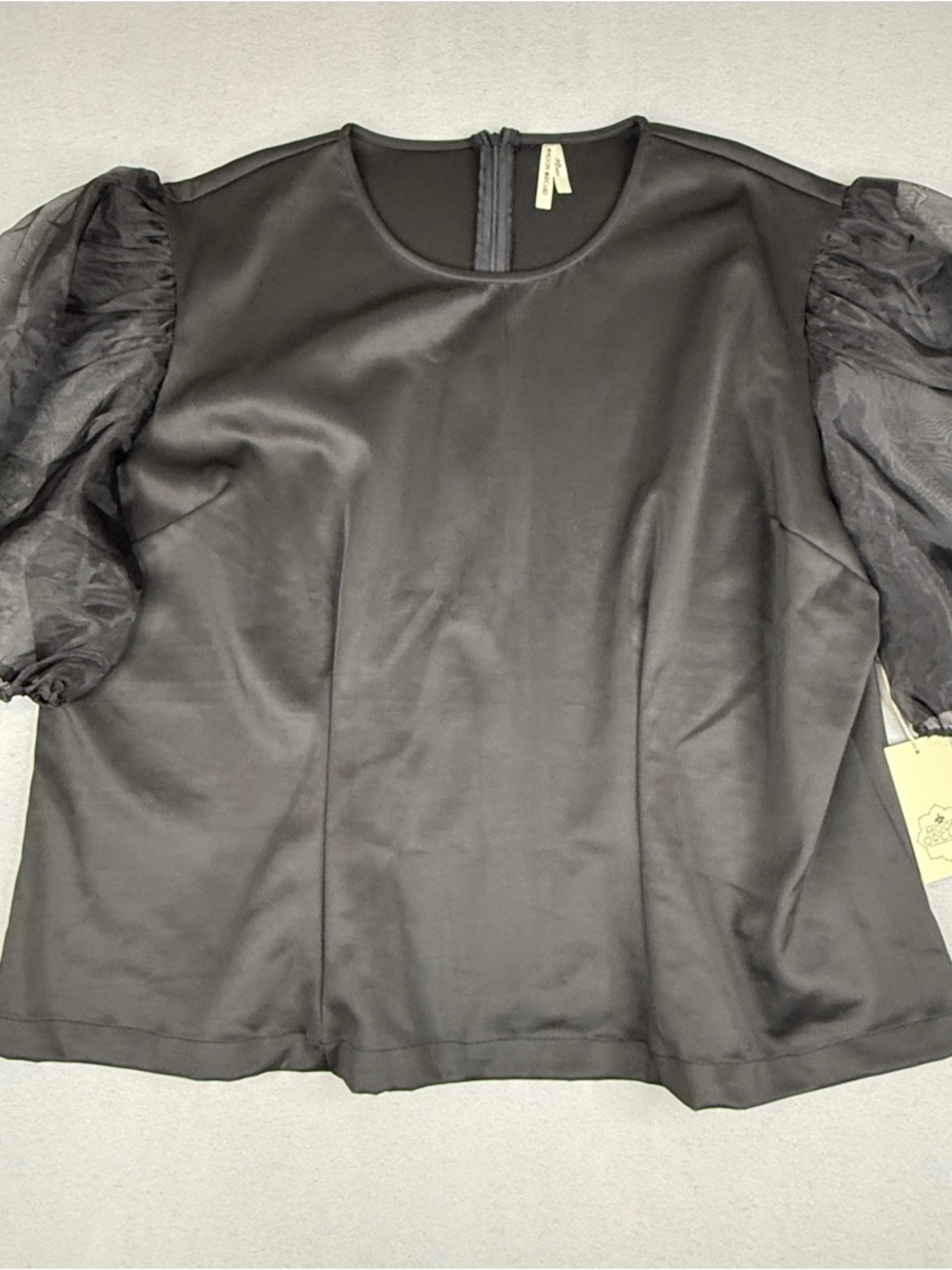 Moon Orchid Satin Blouse 26/28 Black Sheer Organza Puff Sleeve Plus Size NWT